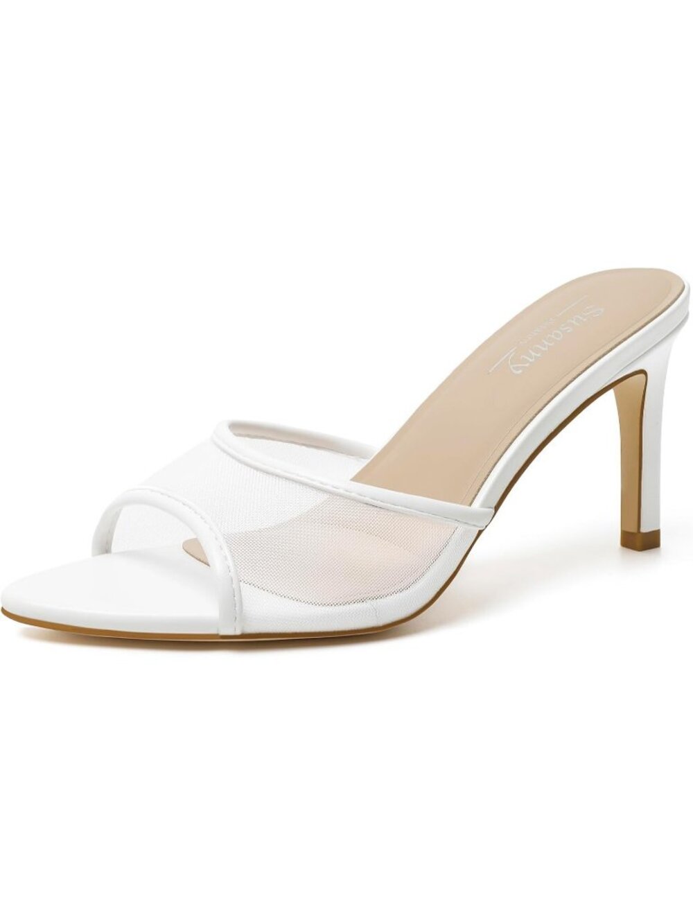 Women's White Mesh Summer Mule High Heels Slip on Pointed Open Toe Sexy Heeled